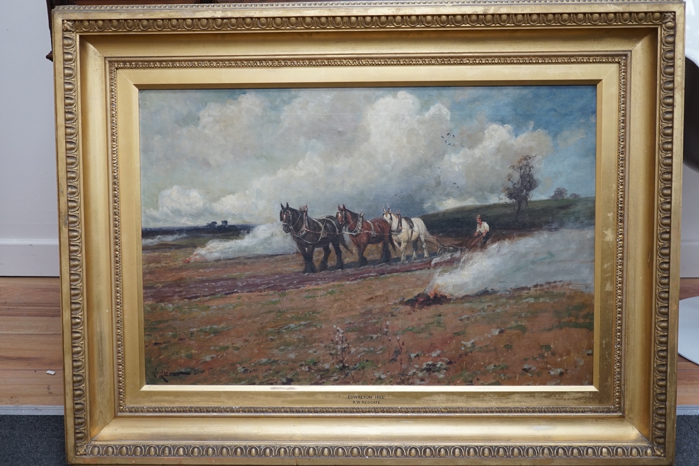 Arthur Walker Redgate, oil on canvas, Plough horses, signed, inscribed Edwalton Hill to the mount, 49 x 75cm, ornate gilt framed. Condition - good